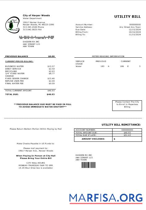 Blank USA CITY OF HARPER WOODS business utility bill Word and PDF template